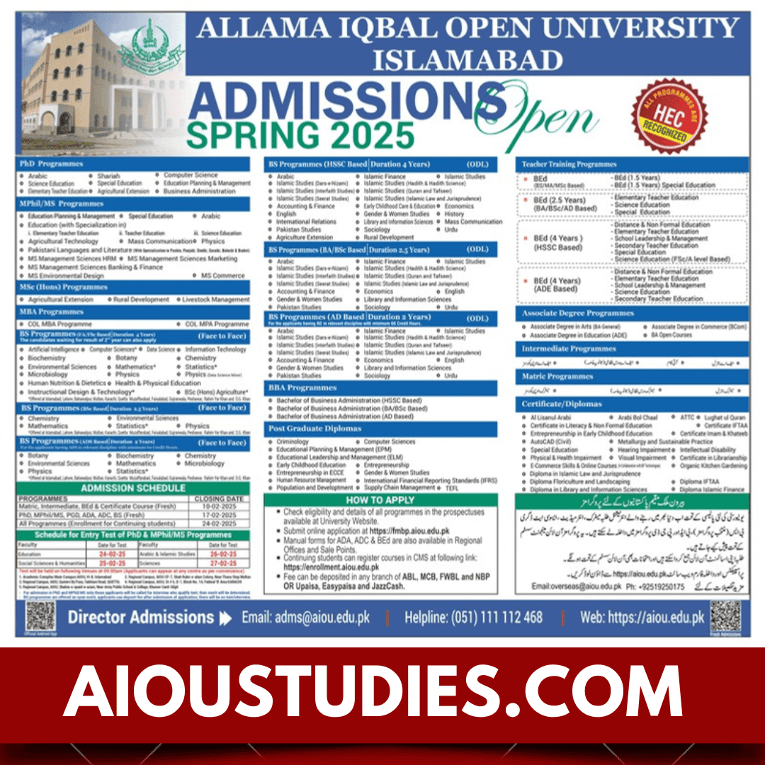 Allama Iqbal Open University for Spring Admissions 2025, including FA, BS Accounting and Finance, MA Islamiat, and B.Ed.