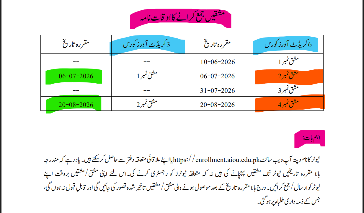 aiou assignment spring 2026 schedule