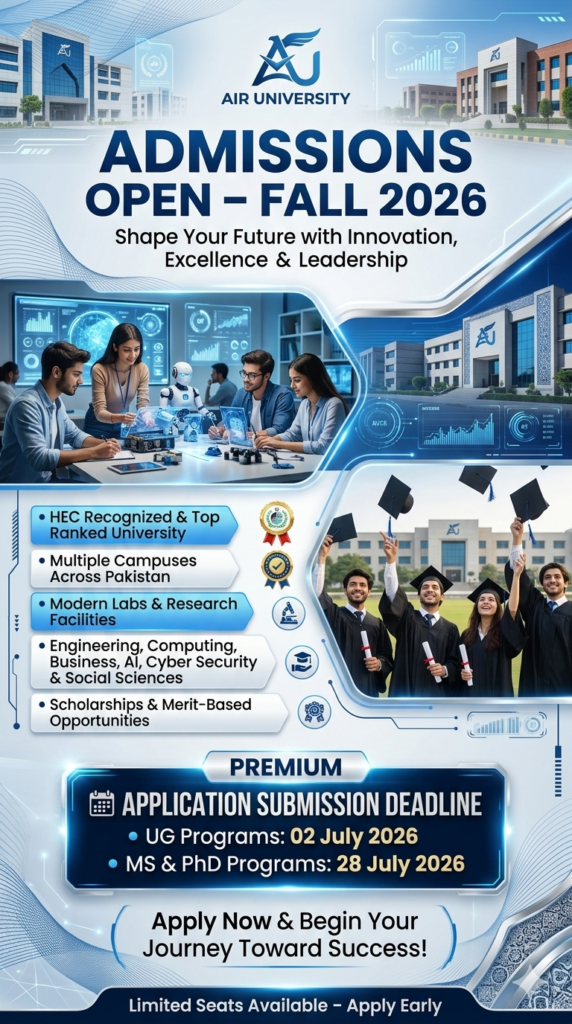 tudents at Air University campus promoting Fall 2026 admissions with modern programs in AI, Engineering, CS, and Business.
