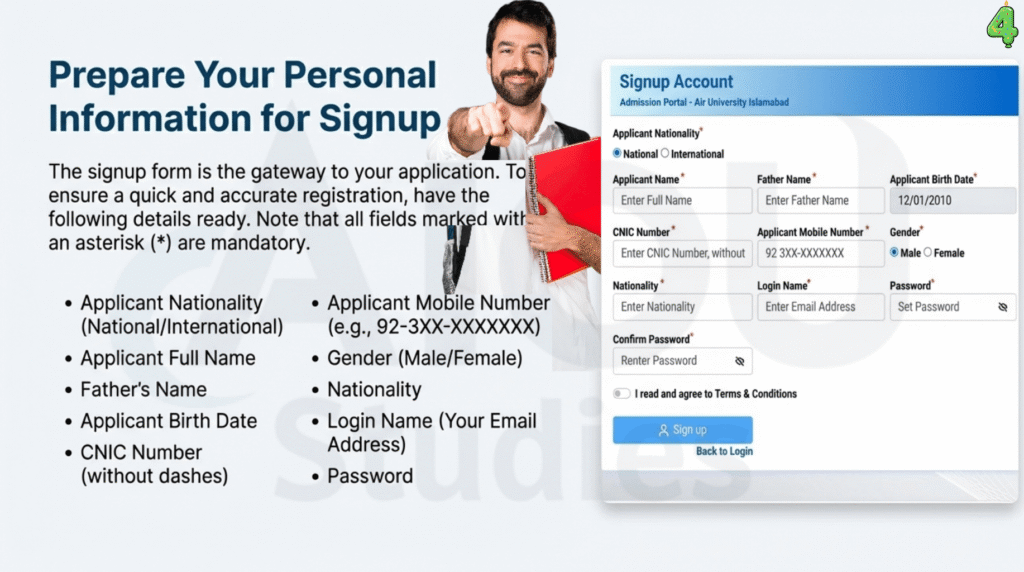 Signup admission application form showing new user registration fields and account creation steps