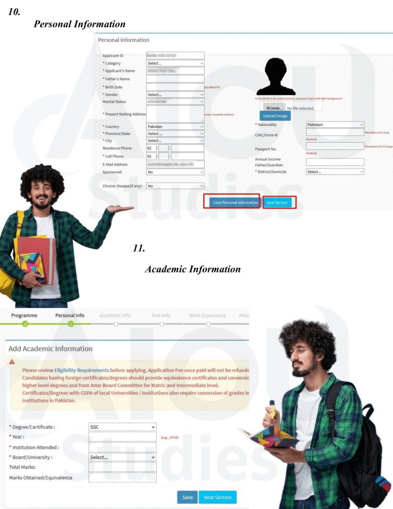 Student filling personal and academic information fields on an online university admission form,