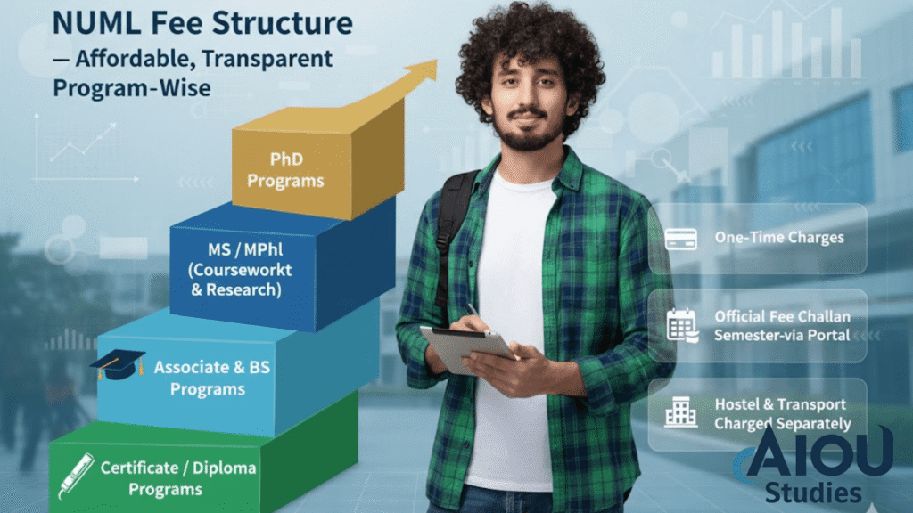 NUML fee structure chart showing admission, semester, and miscellaneous charges for all undergraduate, graduate, and PhD programs.
