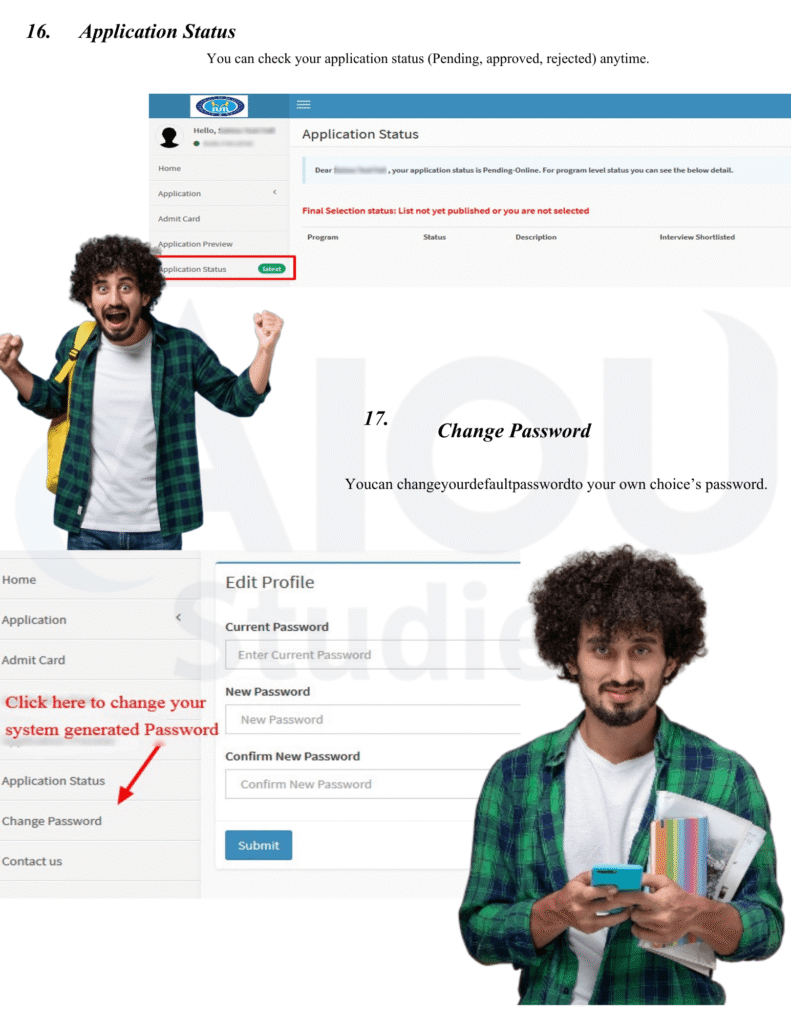 Student reviewing the admission form before final submit and then opening the settings page to change the portal password.