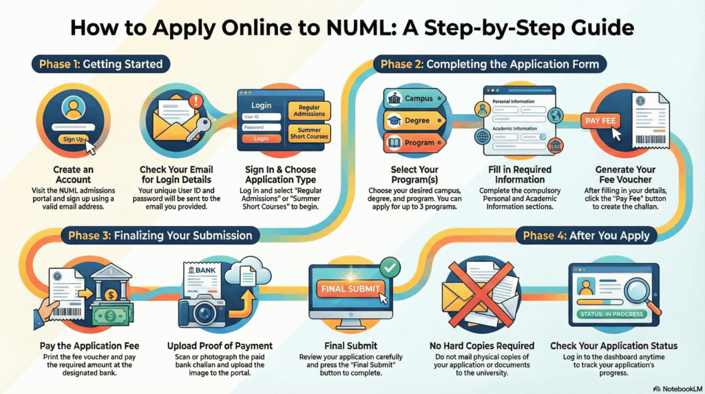 NUML all programs admission guide showing eligibility, campuses, and step‑by‑step online application instructions for Spring and Fall.