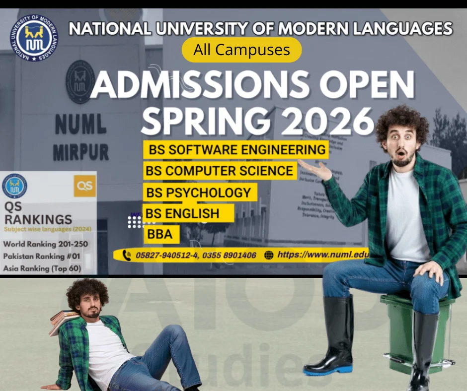 NUML all programs admission guide showing steps, eligibility, and key dates for BS, MS/MPhil, PhD, and short courses across campuses.