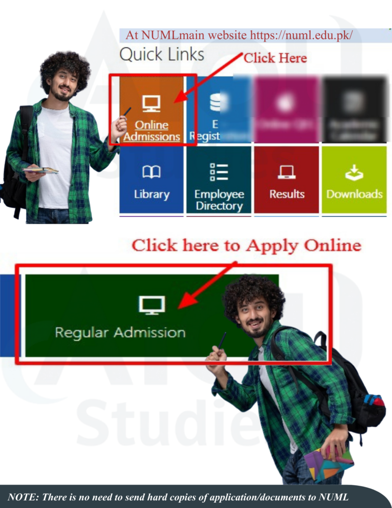 NUML admission portal online application page for Spring and Fall admissions