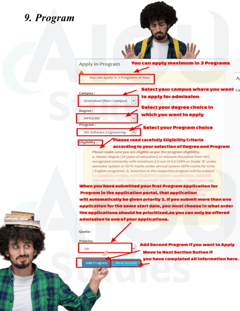 Applicant using an online admission form to select degree program and preferred campus from dropdown menus