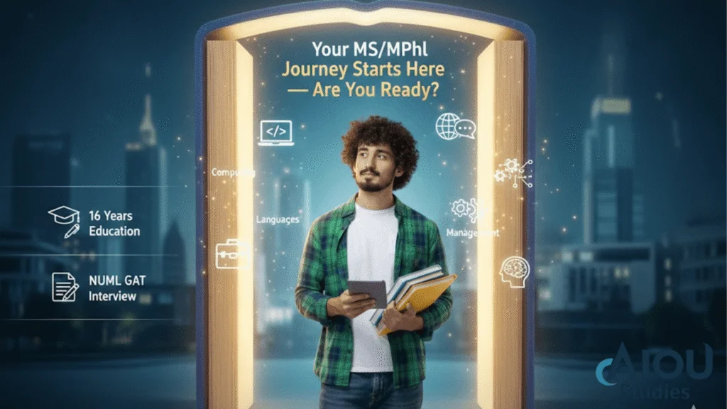 Motivational banner inviting students to start their MS/MPhil journey with advanced studies and research opportunities.