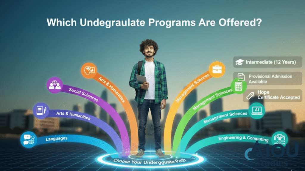 NUML undergraduate programs list showing BS and associate degrees in languages, social sciences, computing, engineering, and management.
