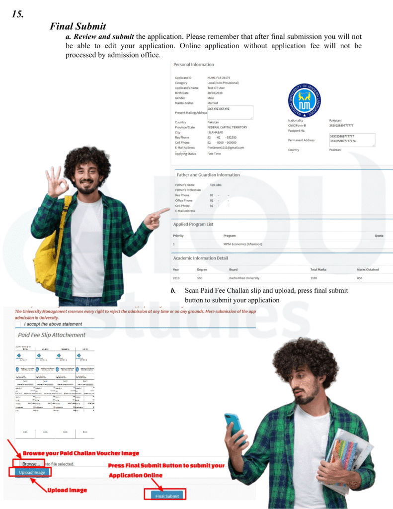 Student uploading bank challan receipt as proof of fee payment on the university student portal.